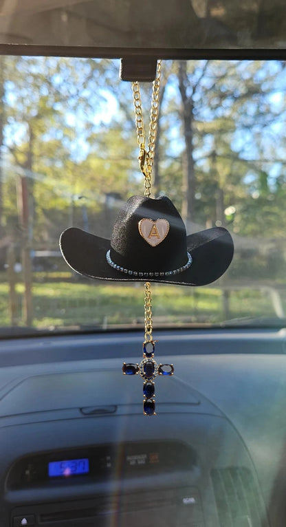 Mini Cowgirl Hat Car Charm – Custom Crystal Cross & Initial
