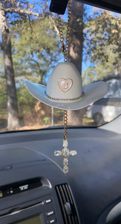 Mini Cowgirl Hat Car Charm – Custom Crystal Cross & Initial