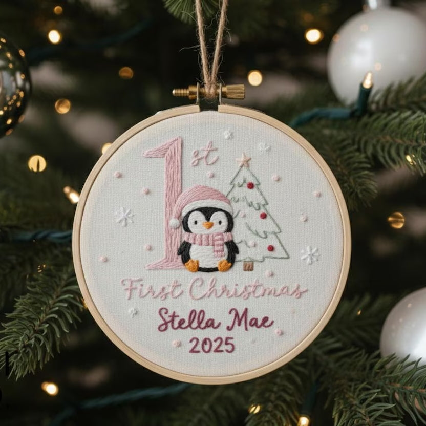 Baby’s First Christmas Embroidered Ornament – Penguin, Reindeer & More