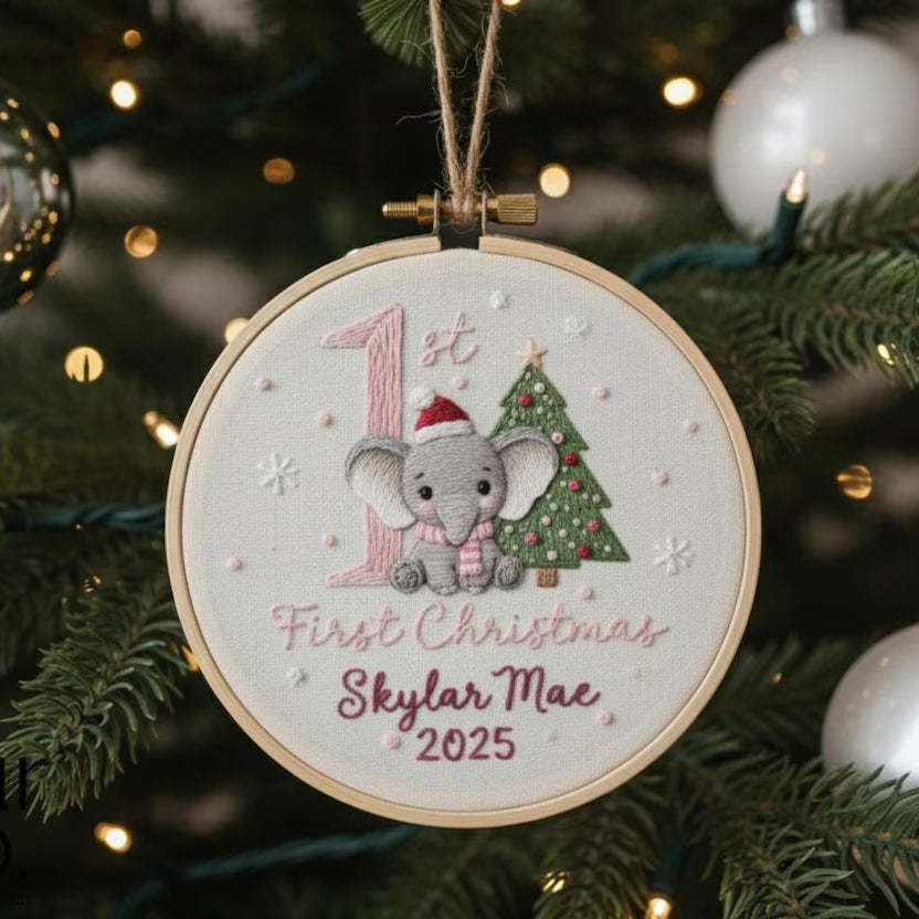 Baby’s First Christmas Embroidered Ornament – Penguin, Elephant & More