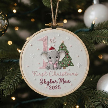 Baby’s First Christmas Embroidered Ornament – Penguin, Elephant & More
