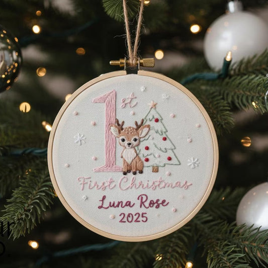 Baby’s First Christmas Embroidered Ornament – Penguin, Elephant & More