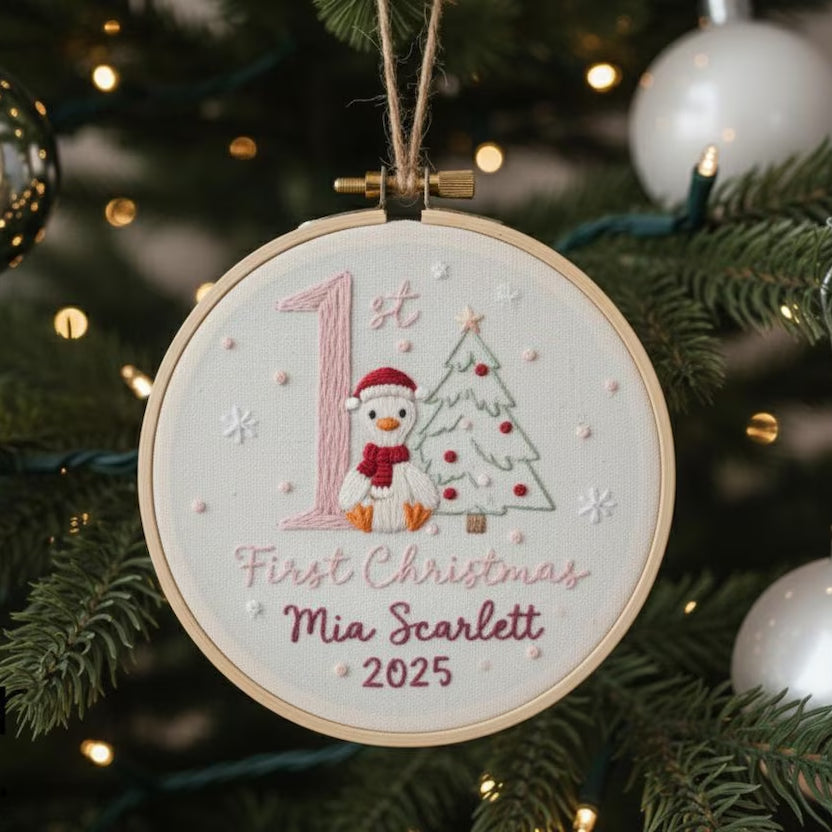Baby’s First Christmas Embroidered Ornament – Penguin, Elephant & More