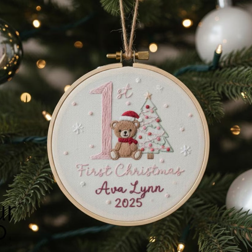 Baby’s First Christmas Embroidered Ornament – Penguin, Elephant & More