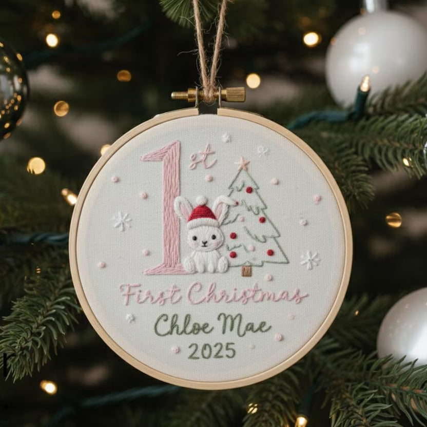 Baby’s First Christmas Embroidered Ornament – Penguin, Elephant & More
