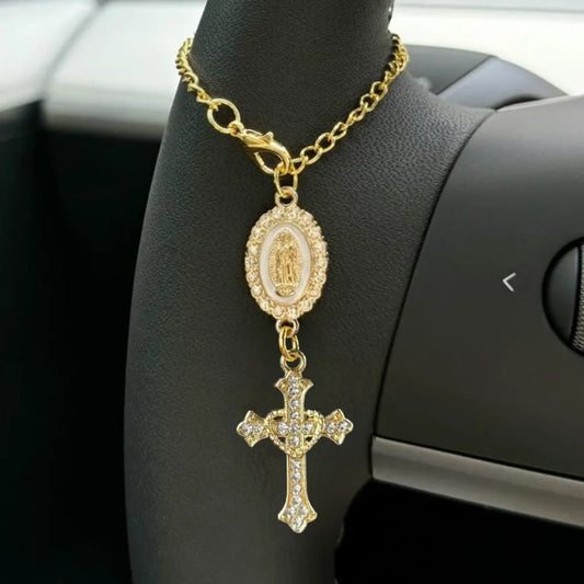 Virgin Mary Rosary Car Charm – Faithful Steering Wheel Accessory