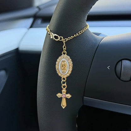 Heart & Pearl Steering Wheel Rosary Charm - Custom Car Accessory