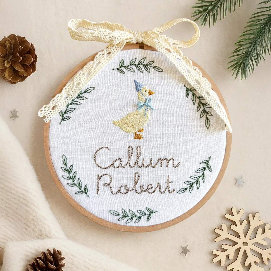 Personalized Round Baby Name Embroidered Plaque – Goose & Floral Wreath