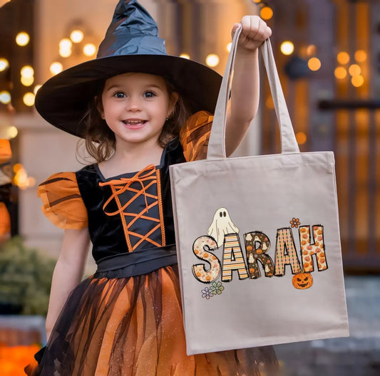 Personalized Retro Halloween Tote Bag – Trick or Treat Candy Bag