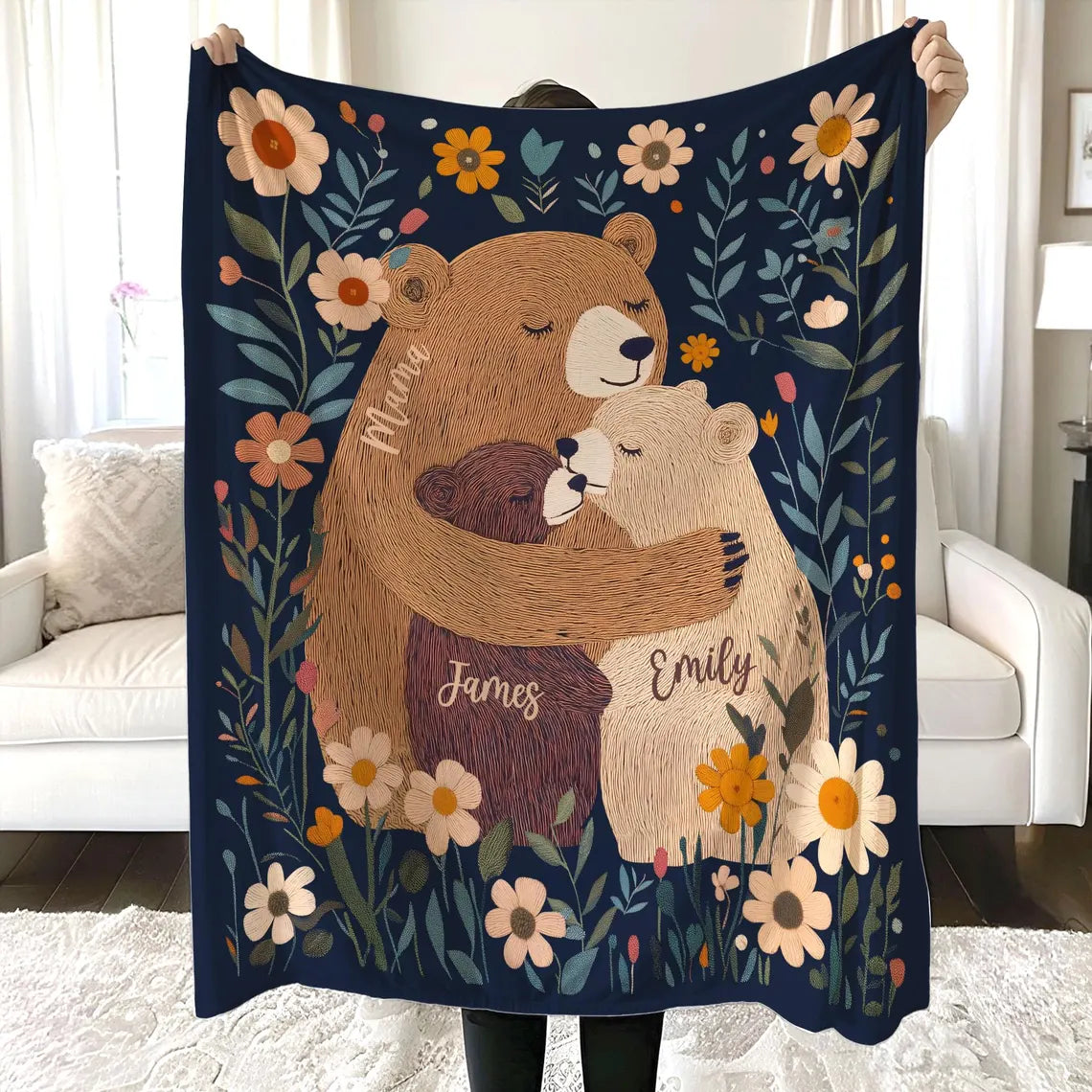 Personalized Mama Bear Flower Blanket – Custom Gift for Mom & Grandma