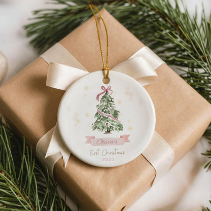 Baby’s First Christmas Ornament 2025 | Pink or Blue Bow Ceramic Keepsake