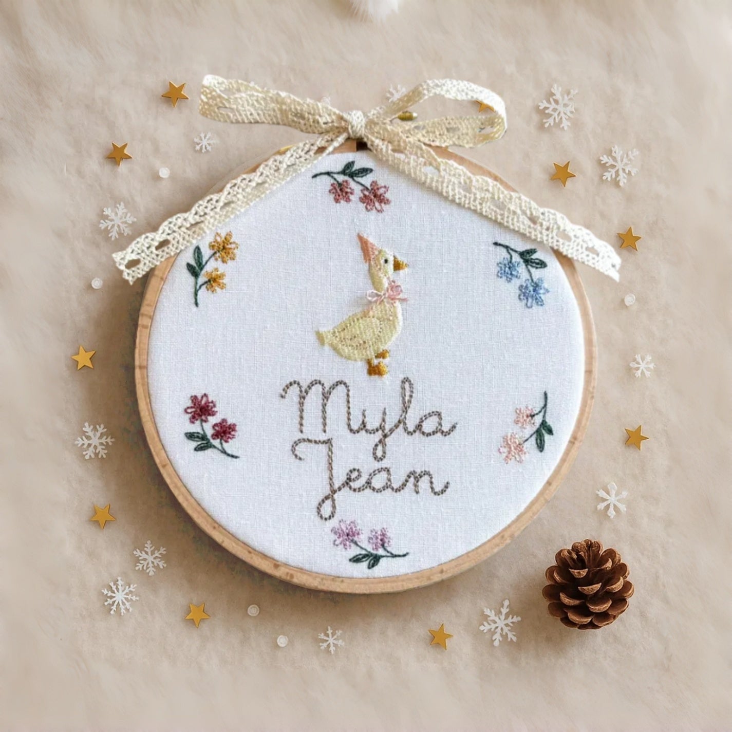 Personalized Round Baby Name Embroidered Plaque – Goose & Floral Wreath