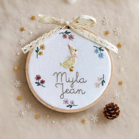 Personalized Round Baby Name Embroidered Plaque – Goose & Floral Wreath
