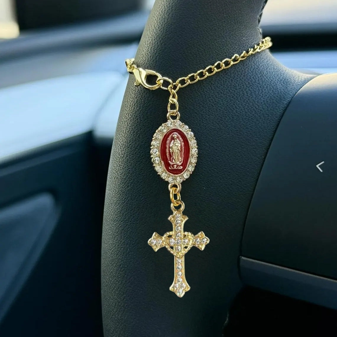 Virgin Mary Rosary Car Charm – Faithful Steering Wheel Accessory