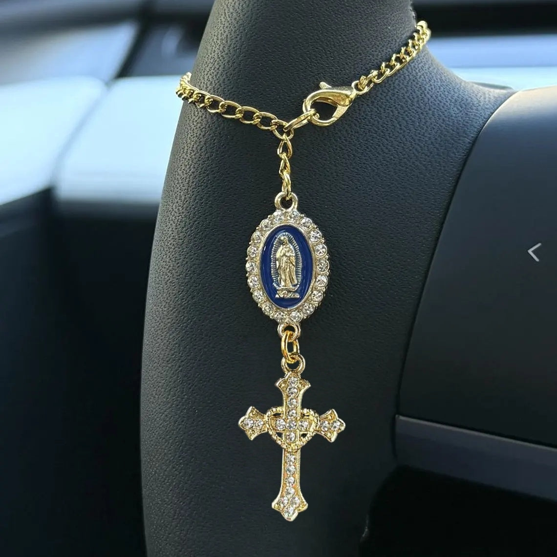 Virgin Mary Rosary Car Charm – Faithful Steering Wheel Accessory