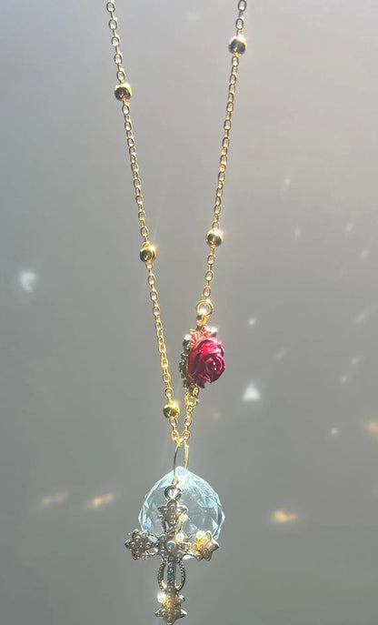 Custom Cross & Rose Car Suncatcher – Rainbow Maker Charm Decor