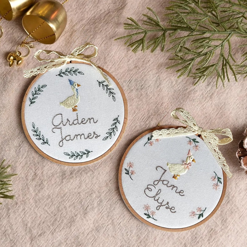Personalized Round Baby Name Embroidered Plaque – Goose & Floral Wreath