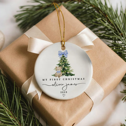 Personalized Baby’s First Christmas Ceramic Ornament – Teddy Bear & Tree