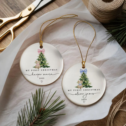 Personalized Baby’s First Christmas Ceramic Ornament – Teddy Bear & Tree