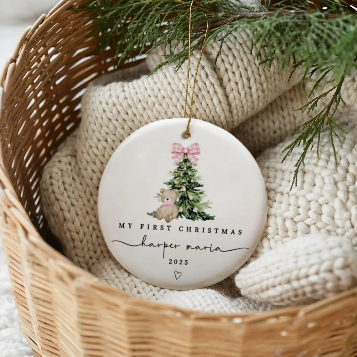 Personalized Baby’s First Christmas Ceramic Ornament – Teddy Bear & Tree