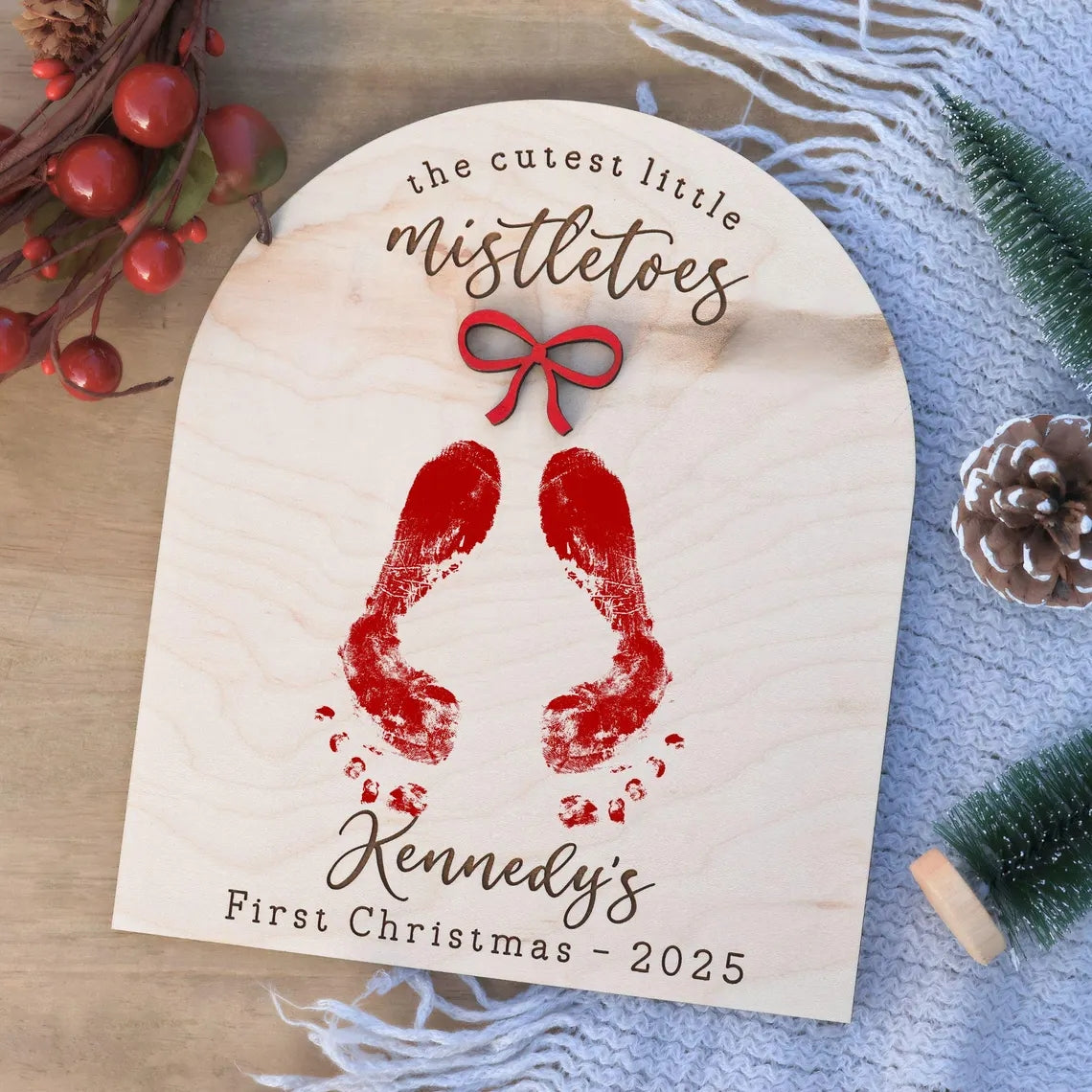 DIY Baby Footprint Sign – First Christmas Personalized Keepsake Bow