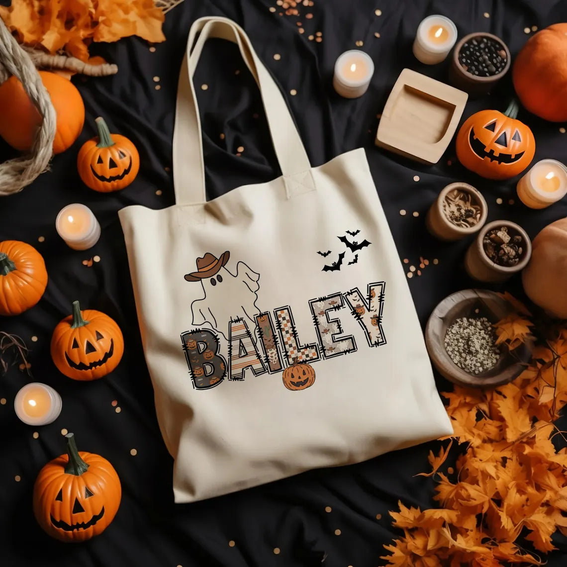 Personalized Retro Halloween Tote Bag – Trick or Treat Candy Bag