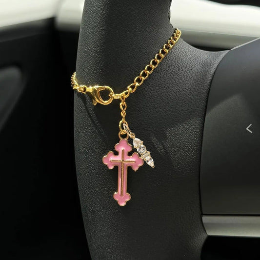 Rosary Car Charm with Birthstone – White or Pink Cross Option