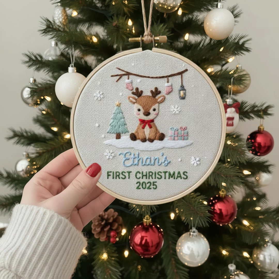 Baby’s First Christmas Ornament – Hand Embroidered Personalized Gift