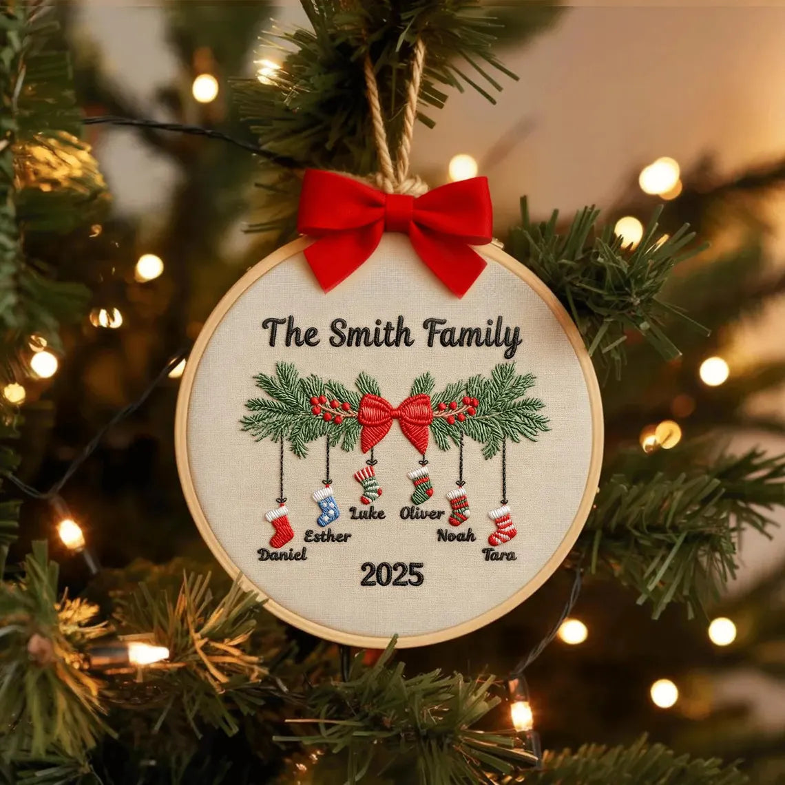 Personalized Family Christmas Embroidery Ornament 2025 | Stockings on Mantel