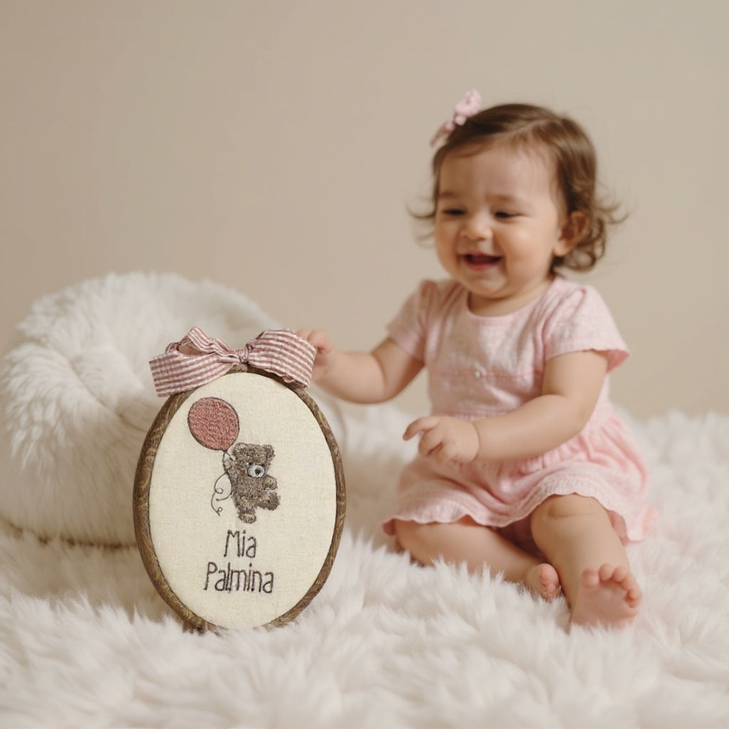 Oval Baby Name Embroidered Sign – Personalized Teddy & Balloon Décor