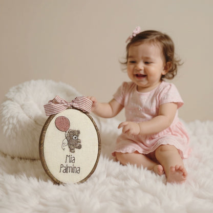 Oval Baby Name Embroidered Sign – Personalized Teddy & Balloon Décor