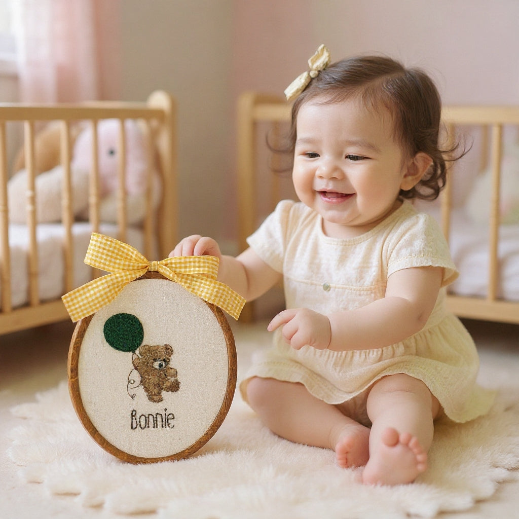 Oval Baby Name Embroidered Sign – Personalized Teddy & Balloon Décor