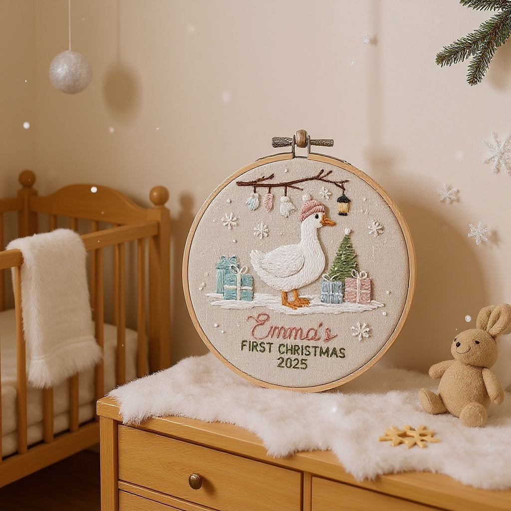 Baby’s First Christmas Ornament – Hand Embroidered Personalized Gift