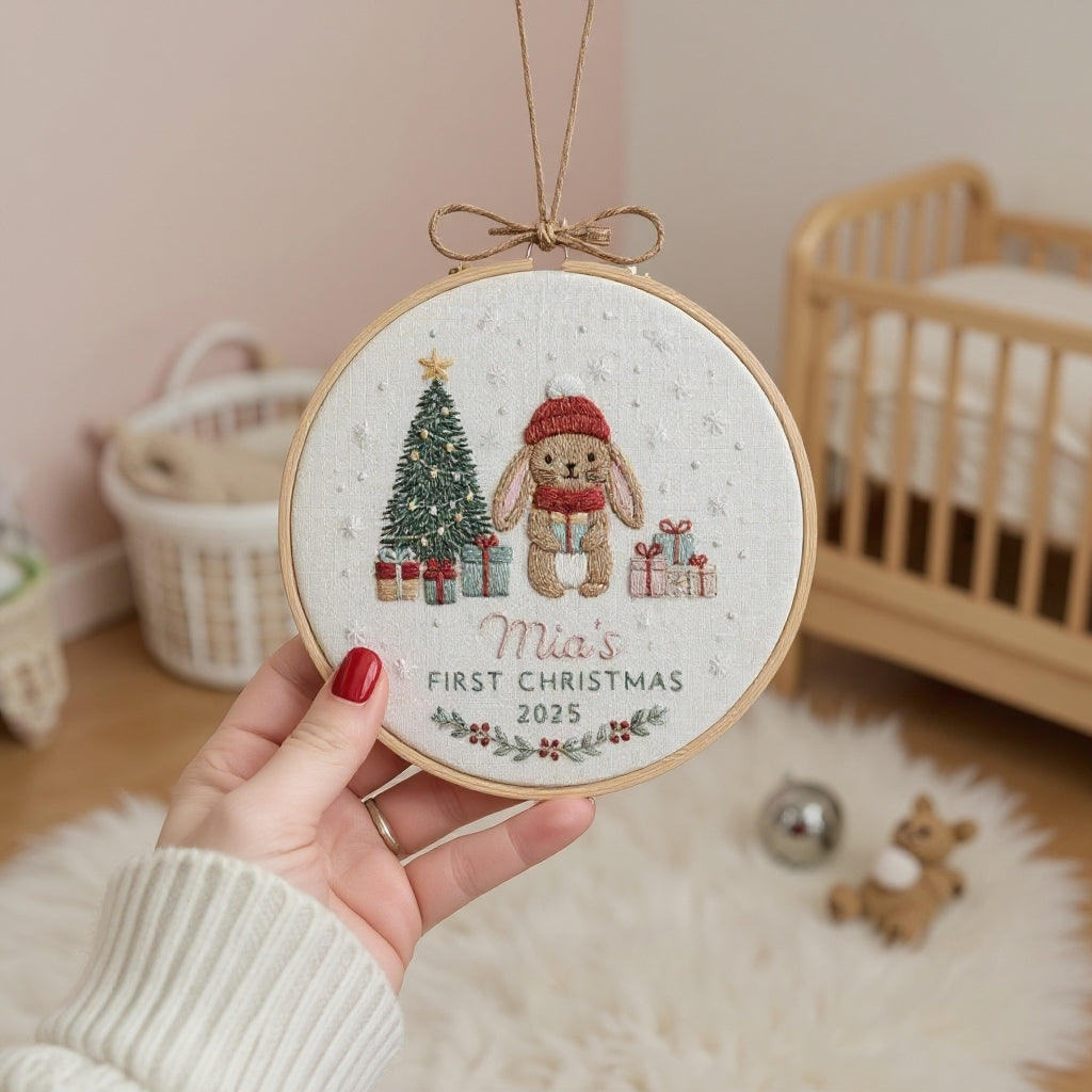 Baby’s First Christmas Ornament – Hand Embroidered Personalized Gift