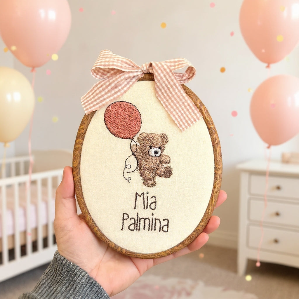 Oval Baby Name Embroidered Sign – Personalized Teddy & Balloon Décor