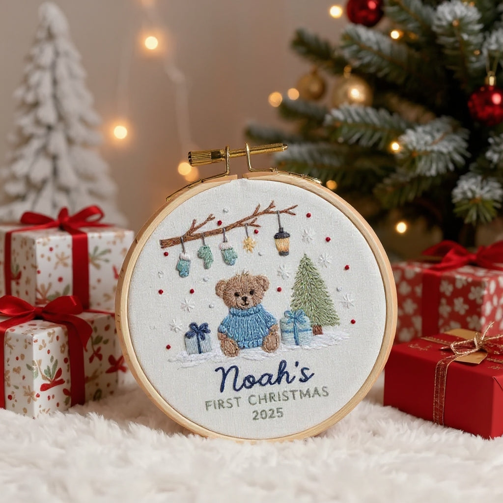 Baby’s First Christmas Ornament – Hand Embroidered Personalized Gift