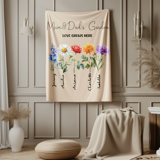 Personalisierte Gartendecke mit Blumen zum Geburtsmonat und Familiennamen – Perfektes Geschenk zum Valentinstag
