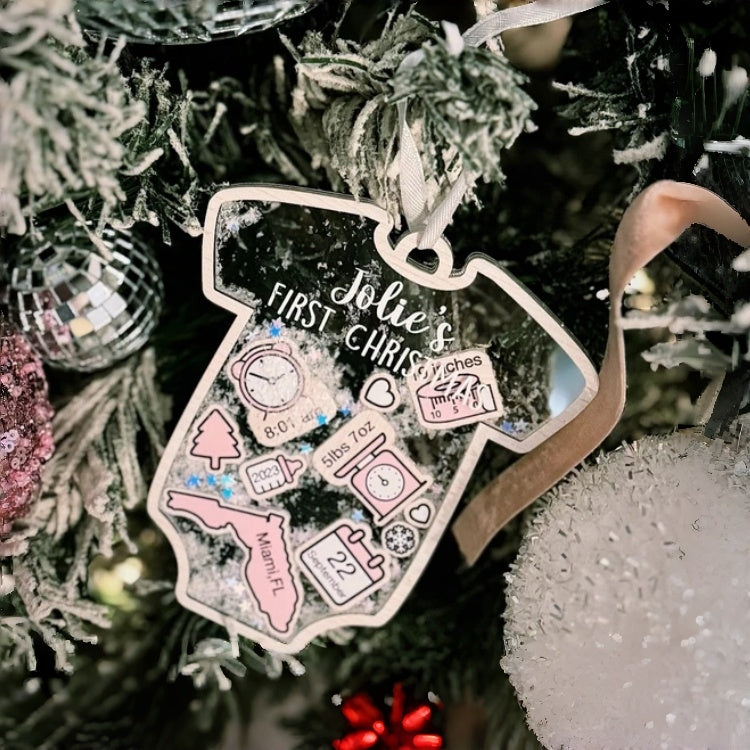 Personalized Baby's First Christmas Ornament 2025 – Custom 4D Shaker Onesie Ornament