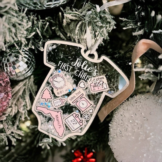 Personalized Baby's First Christmas Ornament 2025 – Custom 4D Shaker Onesie Ornament