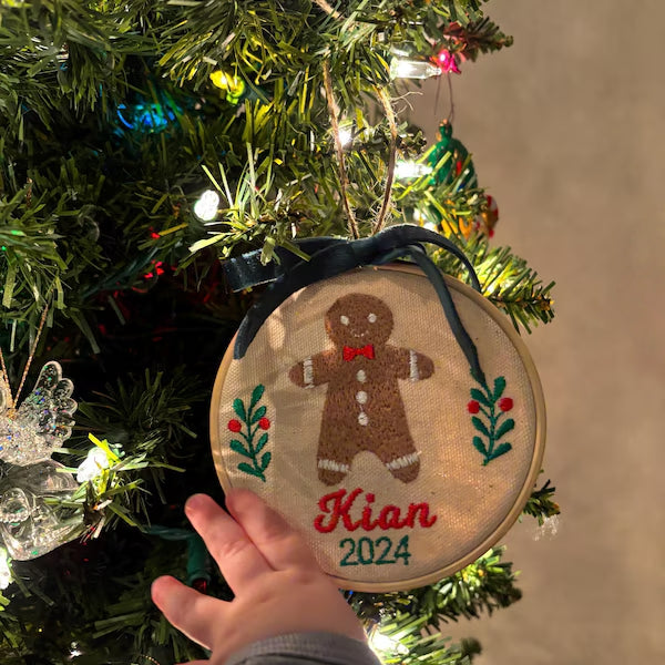 Personalized First Christmas Ornament | Embroidered Gingerbread Design