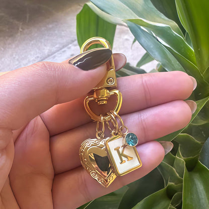Personalized Heart Locket Keychain & Bag Charm – Custom Initials & Birthstones
