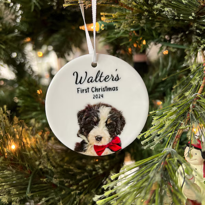 Personalized Pet First Christmas Ornament 2025 | Double-Sided Ceramic