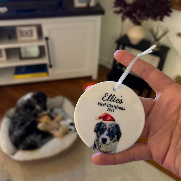 Personalized Pet First Christmas Ornament 2025 | Double-Sided Ceramic