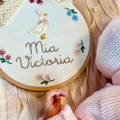 Personalized Round Baby Name Embroidered Plaque – Goose & Floral Wreath