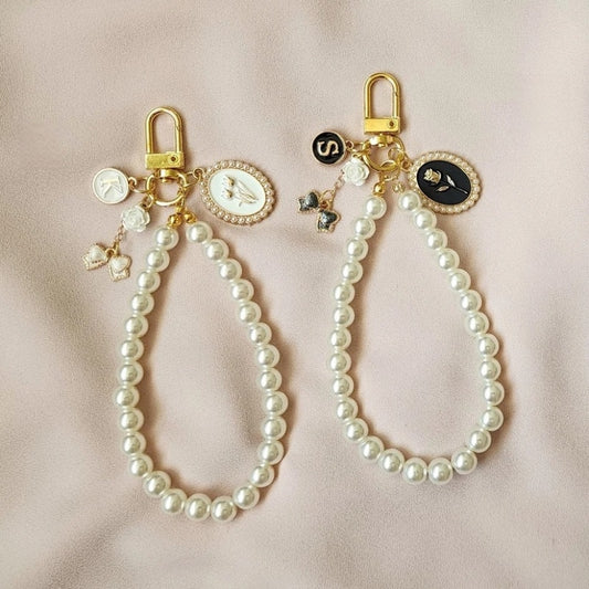 Vintage Pearl Wristlet Keychain – Coquette Bag Charm with Custom Letter