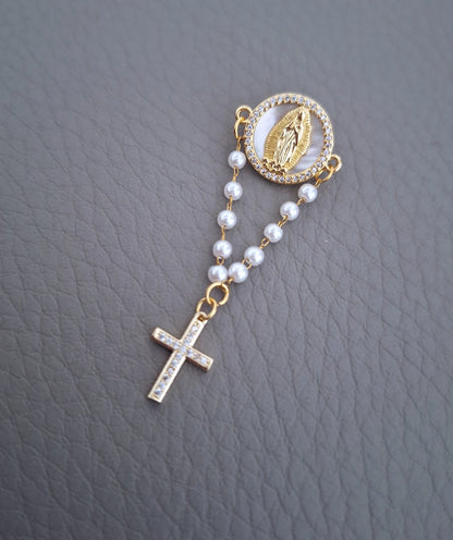 Faith & Elegance – Virgin Mary Rosary Pin with Mother of Pearl Accent