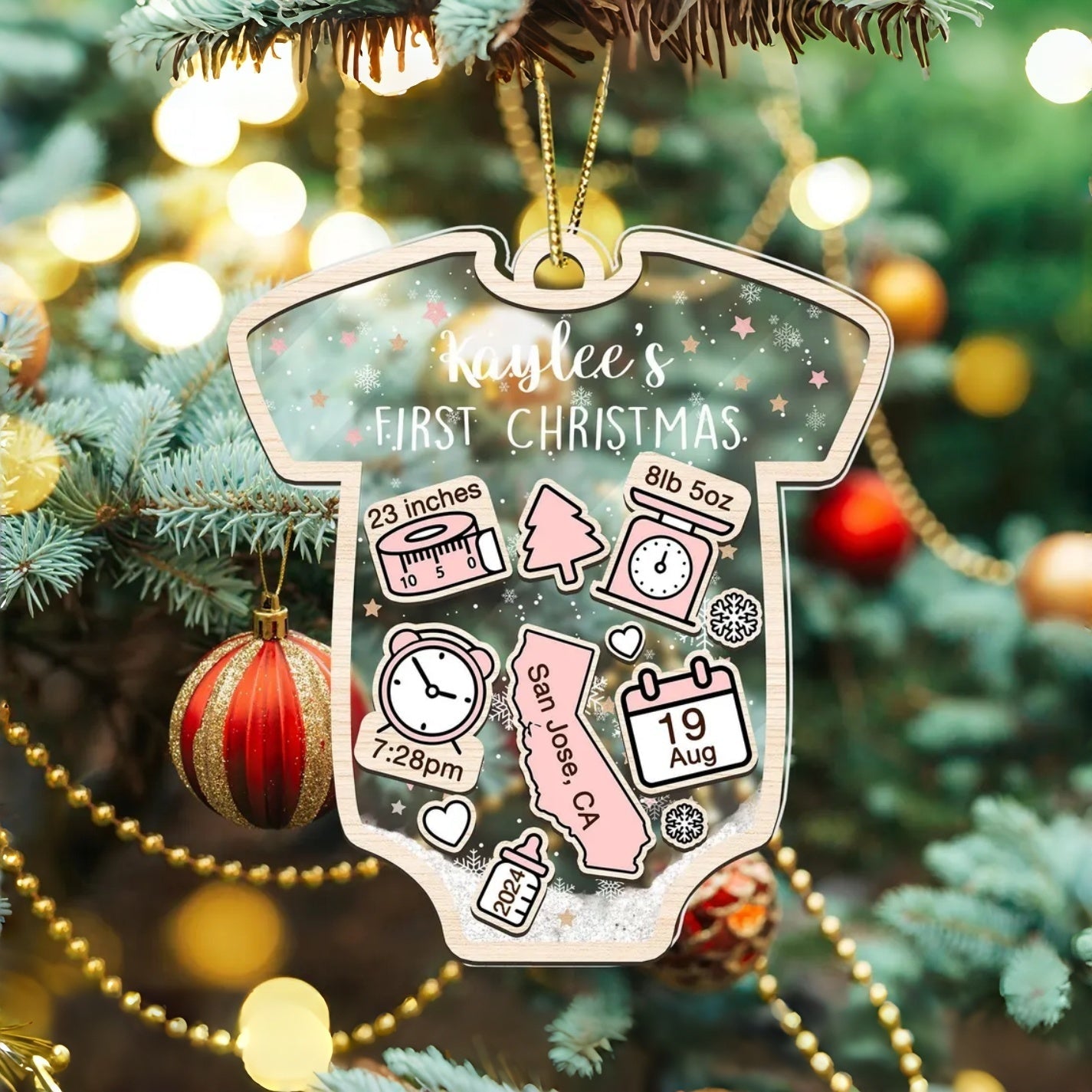 Personalized Baby's First Christmas Ornament 2025 – Custom 4D Shaker Onesie Ornament