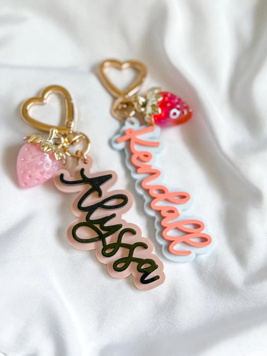 Custom Acrylic Name Tag with Strawberry Charm – Retro Keychain