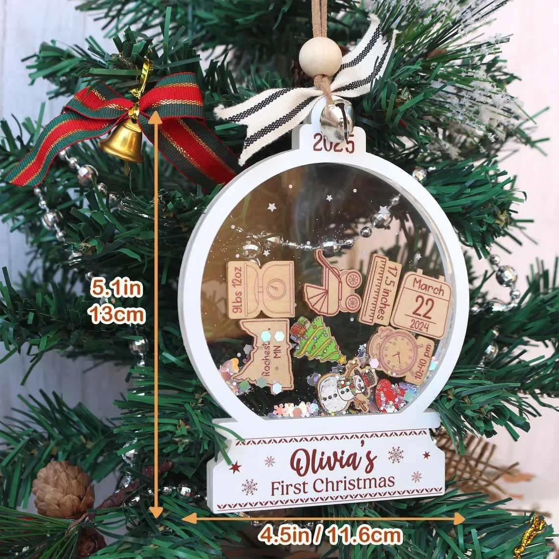 Personalized Baby's First Christmas Ornament 2025 - Custom Name Shaker Gift