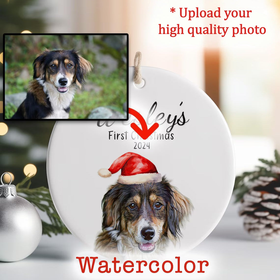 Personalized Pet First Christmas Ornament 2025 | Double-Sided Ceramic